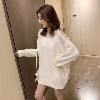 Sweter z dzianiny Perłowa jednolity kolor, bez ramiączek, z długim rękawem O-neck koreański elegancki Vestido koreański słodka sukienka szczupły wiosna jesień C40