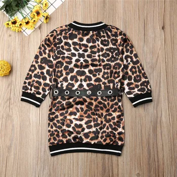 Słodkie dziecko nowonarodzone dzieci Baby Girls Dress Leopard Print Long Sleeve Top T-Shirt Dress with Leather Belt Party Children Dress
