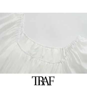TRAF Women Chic Fashion Lace-up plisowane falbanki mini sukienka Vintage kwadratowy kołnierz z krótkim rękawem sukienki damskie Vestidos