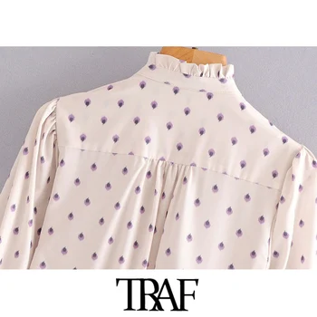 TRAF moda damska przezroczyste drukowane plisowana bluzka vintage wysoki kołnierz z długim rękawem koszule Damskie Blusas eleganckie bluzki