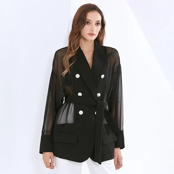 TWOTWINSTYLE See Through Black Jacket For Women pasek długi rękaw koronki dorywczo marynarka damska 2020 moda odzież nowa Tide