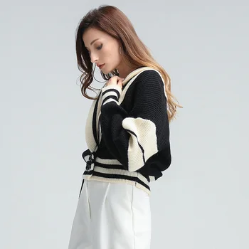 TWOTWINSTYLE paski casual sweter dla kobiet V neck z długim rękawem koreańskie dzianiny swetry damskie 2020 jesienna moda nowa odzież