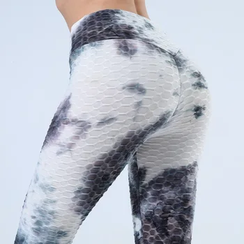 Tie Dye Yoga Pants Women Gym High Zwężone Ruched Butt Lift Teksturowane Chrzęst Legginsy Booty Rajstopy Fitness Spodnie Biegowe