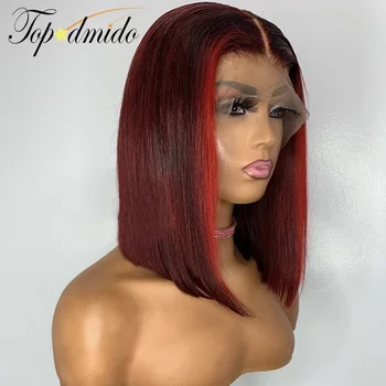 Topodmido ciemno-czerwone peruki z ludzkich włosów z prostymi włosami 150 gęstość 13x6 Krótki bob koronki przodu peruk dla kobiet brazylijskie peruki z włosów Remy