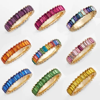 Tęczowej pierścień hurtowych cienka linia Micro Pave CZ Eternity gold Rings Rainbow
