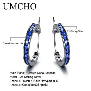 UMCHO Solid Real 925 Sterling Silver Jewelry Gemstone Blue Created Nano Sapphire Clip kolczyki dla kobiet wykwintne kolczyki