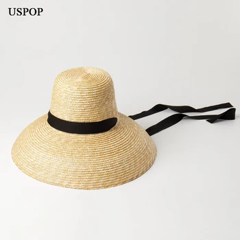 USPOP 2020 nowe letnie kapelusze dla kobiet naturalne otręby słomkowe kapelusze z wysokim płaskim dachem długie taśmy sznurowane okulary, kapelusze z szerokim rondem kapelusze plażowe