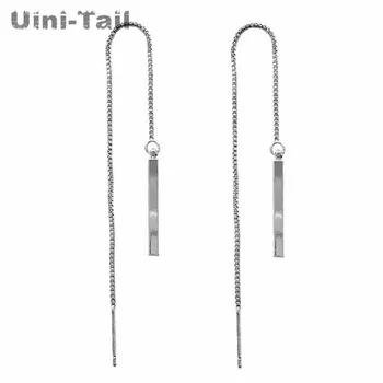 Uini-Tail hot new 925 srebro próby prostokątna geometryczna linia ucha osobowość pędzelkiem proste temperament słodki długa linia ucha