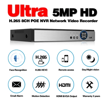 Ultra HD 8CH POE NVR ONVIF H. 265 3.5 mm Audio Out Surveillance Security Video Recorder dla 720p 1080p 4mp 5mp kamery IP POE