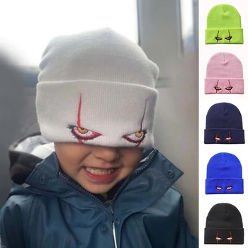 Unisex zima miękka zewnętrzna Kapturek jednolity kolor dzianiny kapelusz straszne oczy dla dzieci dorywczo na zewnątrz Halloween kapelusze