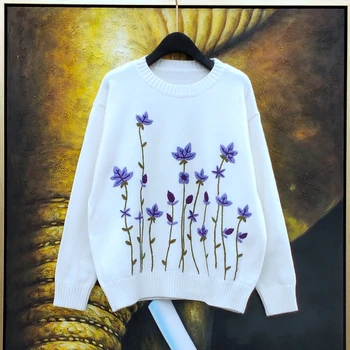 Urządzony W Luksusowym Jesień Nowy Fioletowy Kwiaty Haft Hak Kwiat Z Długim Rękawem Okrągły Dekolt Sweter Z Dzianiny Sweter Top