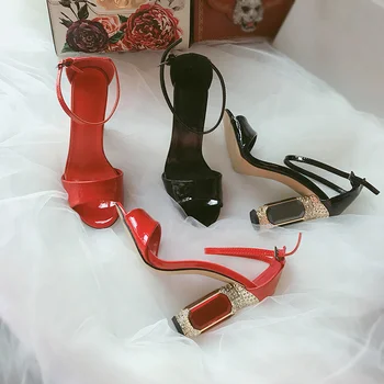 VIISENANTIN hot sexy red black shiny leather women summer sandal crystal shoe gemstone gruby obcas pasek na kostce sandalias