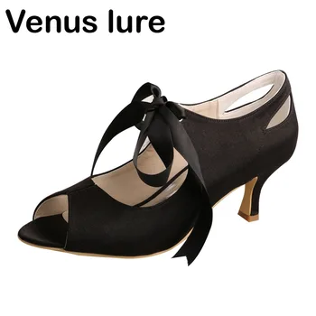 Venus lure Women Black Peep Toe Mary Jane Wedding Dress Shoes Prom Women Mid Heel