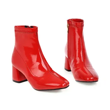 WETKISS Patent Leather Boots Damskie botki na wysokich obcasach damskie buty wieczorowe Damskie buty zapinane na zamek z kwadratowym czubkiem zima 2020 plus rozmiar 32-48