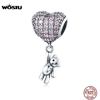 WOSTU Real 925 srebrny Niedźwiedź i balon koraliki pasują bransoletka i naszyjnik wisiorek piękny urodziny biżuteria prezent CQC1054