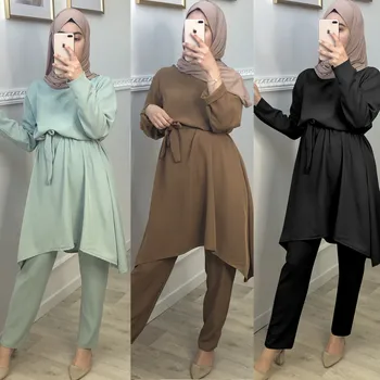 Wepbel Arab Dubai Muslim Women Sets bluzki z długim rękawem bluzka + spodnie garnitur dwuczęściowy elegancki шнурованный wasz strój