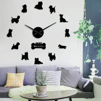 Westie Dog Breed Long Clock Hand 3D DIY West Highland Terrier Wall Clock Puppy Animal Self Adhesive Big Acrylic Time Clock Watch