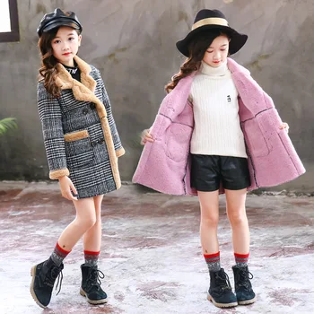 Wełniana kurtka dla dziewczynki jesień/zima 2020 koreańska wersja кроличьего futra szara w kratę kurtka dziecięca kurtka wełniana 2 kolory