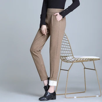 Wełniane spodnie Damskie butik spodnie slim Wysokiej Talii spodnie damskie rozmiar plus spodnie zimowe grube ciepłe, aksamitne spodnie S-4XL
