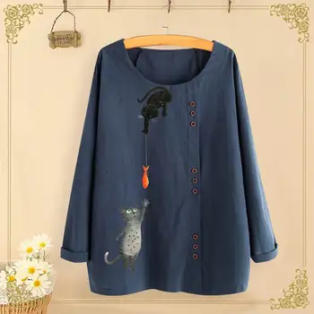 Wiosenna bluzka z długim rękawem ZANZEA codzienne wieczorne koszule kobiety kreskówka kot tunika bluzki stare bawełniane Blusas damska koszulka