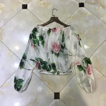 Wiosenna lądowisko projektant mody jedwabne bluzki Damskie Slash kołnierz z długim rękawem kwiat drukowane sexy bluzki koszule świąteczne