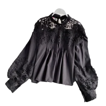 Wiosna 2020 Nowa Moda francuska romantyczny Pałac stylowe koronki puste Plisowana szyfonowa koszula z rękawem latarką UK415