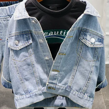 Wiosna jesień odzież Dziecięca zestaw Baby Boys zestaw ubrań chłopiec jeansowa kurtka + t-shirt+ dżinsy dzieci garnitur chłopiec 3szt zestaw 2-6лет