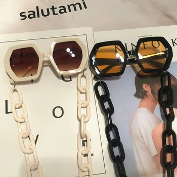 Wyjątkowe Okulary Łańcuch Zestaw Dla Kobiet 2020 Luksusowej Marki Poligon Kwadratowe Okulary Damskie Rocznika Punk Okulary Męskie Beżowe Odcienie