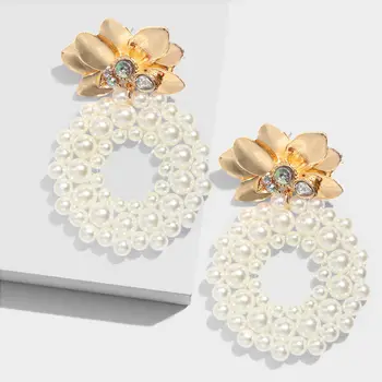 ZHINI Gold Flower Pearl Drop kolczyki dla kobiet oświadczenie sztuczne perły kolczyki kolczyki biżuteria akcesoria mody