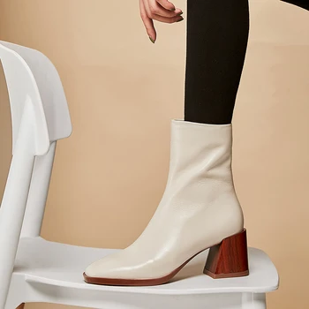 ZVQ skóry wołowej skóry buty damskie retro klasyczny zimowy miś biały kobieta buty ślubne czarny kwadratowy nosek 6 cm wysokie obcasy botki