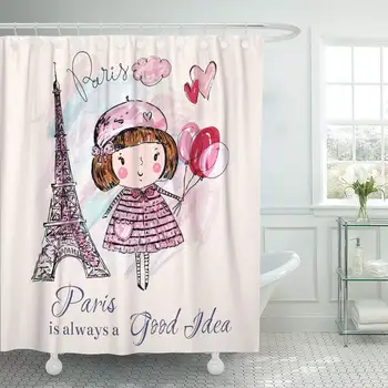 Zasłona do prysznica z haczykami wzór akwarela z wieżą Paryż mała dziewczynka we francuskim artystycznym balonem miejska łazienka