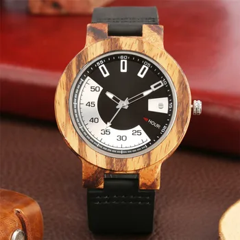Zebrawood męskie drewniane zegarki oszczędny wyświetlacz tarcza skórzany zegarek Kwarcowy dorywczo mężczyzna zegarka nowa dostawa 2020