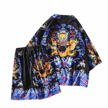 Zestaw składa się z dwóch części cesarz Ханфу z krótkim rękawem odzież męska styl chiński Smok szlafrok zestaw odzież męska krótkie elastyczne talii spodnie sportowe