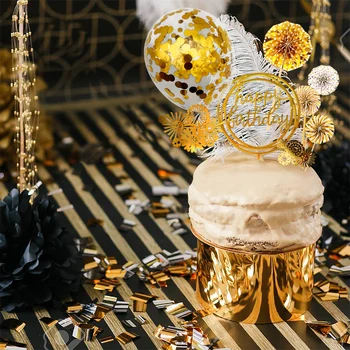 Złoto urodzinowy tort dekoracja urodziny ciasto topper papierowy wentylator banner konfetti balon fajerwerki złoty ciasto topper ich złoto
