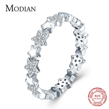 Модиан stałe 925 srebro musujące jasne CZ gwiazdy Łączonymi pierścienie dla kobiet wykwintne biżuteria prezent Walentynki