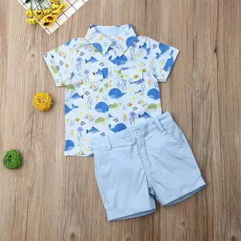 1-5Years Toddler Kids Cartoon Baby Boy Clothes Set Whale Print T-shirt Szorty Pants Gentleman Outfit School Kid Boys Costumes