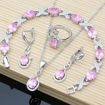 10 kolorów moda 925 srebro biżuteria zestawy dla kobiet różowy Topaz długie kolczyki romantyczna, nocna impreza naszyjnik zestawy prezent dla niej