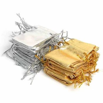 100pcs błyszczące opakowanie biżuterii złoty kolor folia tkaniny koronki aksamitny worek 7x9 9x12 11x16 13x18 ślubne prezent torby torebki
