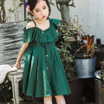 2019 Lato Nowa Sukienka Dla Dziewczynki Z Otwartymi Ramionami Pasek Sukienka Księżniczka Strój Jednolity Kolor Dla 2-6 Lat