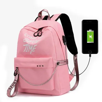 2019 Luminous USB Charge Women Backpack Fashion Print Letters School Bag Teenage Girls Ribbons Backpack Mochila Sac A Dos
