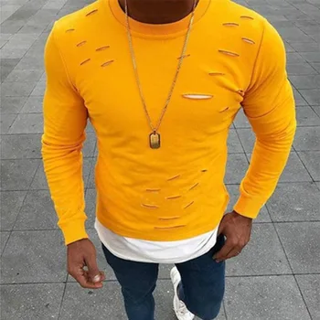 2019 New Men ' s High Street Ripped T shirt Long Sleeve Fake Two Pieces Male Autumn t shirt Tops S-3XL