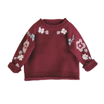 2019 Zimowa kwiatowy haft z dzianiny dziecięce swetry dla dziewczynek handmade kwiat dla dzieci sweter cardigan dziecko odzież Dziecięca 1-8Y