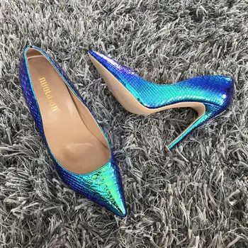 2019 marka moda Damska obuwie niebieski wąż drukowane buty Damskie seksowne szpilki na obcasie 12 cm/10 cm/8 cm ostrym nosem kobiet pompy