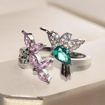 2019 nowy, luksusowy połysk zielony kamień Cublic Cyrkon ładny Kolibry i różowy kwiat pierścień ptak kształcie pierścienia dla kobiet hiperbola biżuteria
