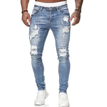 2020 Jesienna Moda Dla Mężczyzn Podarte Cienkie Lokomotywa Jeans Niebieski Klasyczny Ołówek Spodnie Wieczorne Randki Denim Odzież Dla Mężczyzn