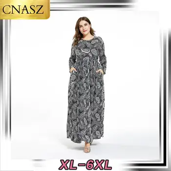 2020 New Fashion Plus Size Women ' s Print Slim Long Sleeve Print Round Neck Dress Elegant Islamic Turkey Dress Middle East