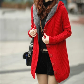 2020 Nowy Zimowy Sweter Z Kapturem Damski Sweter Czerwony Biały Płaszcz Gruby Ciepły Sueter Mujer Z Długim Rękawem Damska Z Dzianiny Odzież Wierzchnia