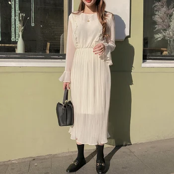 2020 Wiosna Jesień Podstawowe Sukienki Długie Kobiety Moda Flare Rękawem Japoński Koreański Styl Projekt Data Dziewczyny Beżowy Potargane Sukienka Różowy
