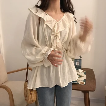 2020 kobiety jesień płatek rękaw V-dekolt w kształcie falbanki luźna bluzka cienka talia koszula koronka koronki patchwork bluzki z guzikami
