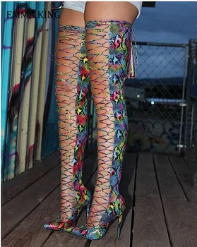 2020 kolorowy wąż kobiece biodra wysokie buty Sexy skóra węża nad kolanem Letnie buty zamek partii Damskie buty rozmiar 35-44